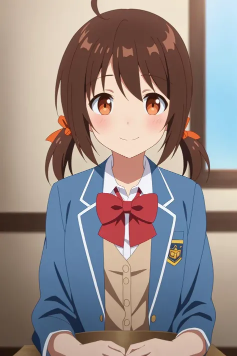 suzu, anime art style, 1girl, solo, looking_at_viewer, blush, smile, bangs, brown_hair, shirt, bow, twintails, brown_eyes, school_uniform, jacket, white_shirt, upper_body, ahoge, indoors, bowtie, red_bow, low_twintails, parody, blazer, blue_jacket, red_bowtie, meme