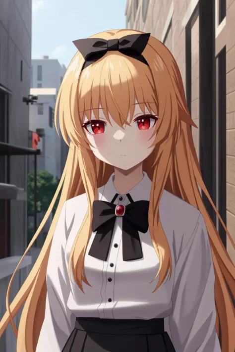 yue, anime art style, 1girl, solo, long_hair, looking_at_viewer, bangs, blonde_hair, shirt, red_eyes, bow, ribbon, hair_between_eyes, jewelry, closed_mouth, white_shirt, upper_body, hair_bow, hairband, collared_shirt, black_ribbon, black_bow, expressionless, brooch