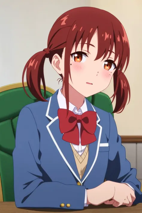taeko, anime art style, 1girl, solo, long_hair, looking_at_viewer, blush, brown_hair, shirt, bow, twintails, brown_eyes, sitting, school_uniform, jacket, upper_body, bowtie, mole, red_bow, chair, scrunchie, blazer, blue_jacket, mole_under_mouth