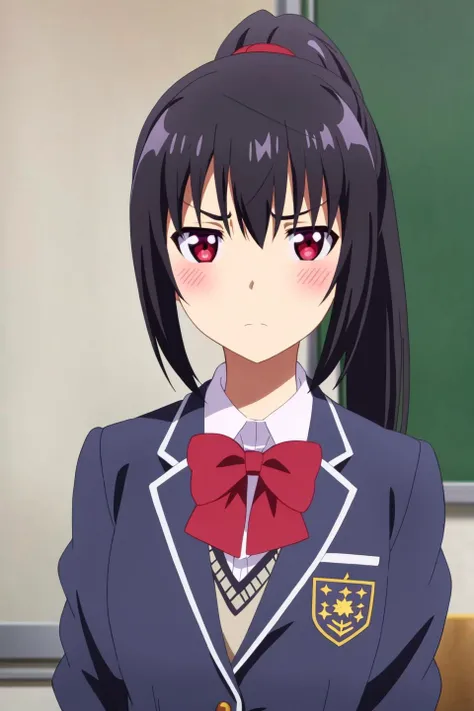 shizuku, anime art style, 1girl, solo, long_hair, looking_at_viewer, blush, bangs, black_hair, red_eyes, bow, school_uniform, jacket, upper_body, ponytail, bowtie, red_bow, frown, parody, blazer