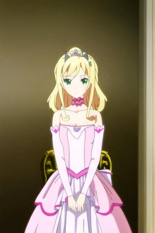 masterpiece, best quality, anime art style, liliana, long flowing blonde hair, green eyes, medium breasts, pink dress, crown, full body <lora:arifuretaFromCommonplaceTo_01:1>