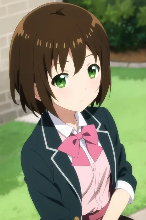 masterpiece, best quality, anime art style, aiko, brown hair, short hair, green eyes, medium breasts, pink blazer, white bow, black skirt <lora:arifuretaFromCommonplaceTo_01:0.48>