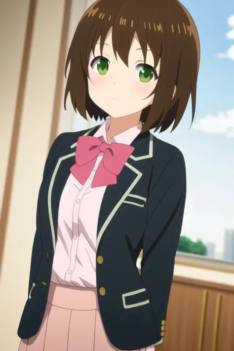 masterpiece, best quality, anime art style, aiko, brown hair, short hair, green eyes, medium breasts, office shirt, pink blazer, white bow, black skirt <lora:arifuretaFromCommonplaceTo_01:0.48>