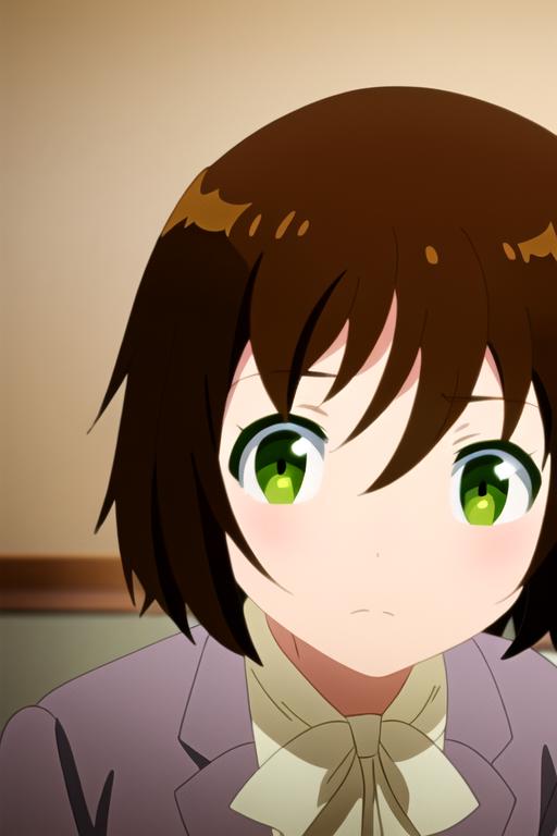 Anime girl with green eyes and brown hair in a room - SeaArt AI