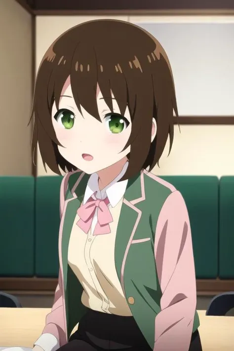 masterpiece, best quality, anime art style, aiko, brown hair, short hair, green eyes, medium breasts, office shirt, pink jacket, black skirt <lora:arifuretaFromCommonplaceTo_01:0.48>