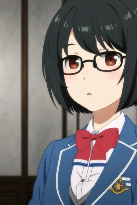 masterpiece, best quality, anime art style, eri, short black hair, tiny bob, brown eyes, medium breasts, wearing glasses, school uniform, full body <lora:arifuretaFromCommonplaceTo_01:1>