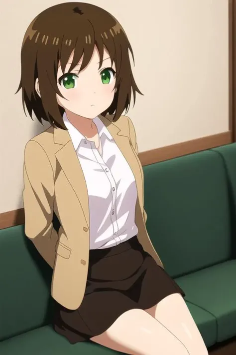 masterpiece, best quality, anime art style, aiko, brown hair, short hair, green eyes, medium breasts, office shirt, brown jacket, black skirt <lora:arifuretaFromCommonplaceTo_01:0.48>