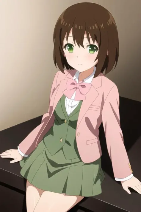 masterpiece, best quality, anime art style, aiko, brown hair, short hair, green eyes, medium breasts, (pink blazer:1.2), white bow, black skirt <lora:arifuretaFromCommonplaceTo_01:0.48>