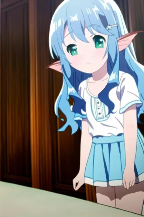 masterpiece, best quality, anime art style, myuu, long wavy blue hair, green eyes, ears are fan-like fins, small breasts, white shirt, skirt, full body <lora:arifuretaFromCommonplaceTo_01:1>
