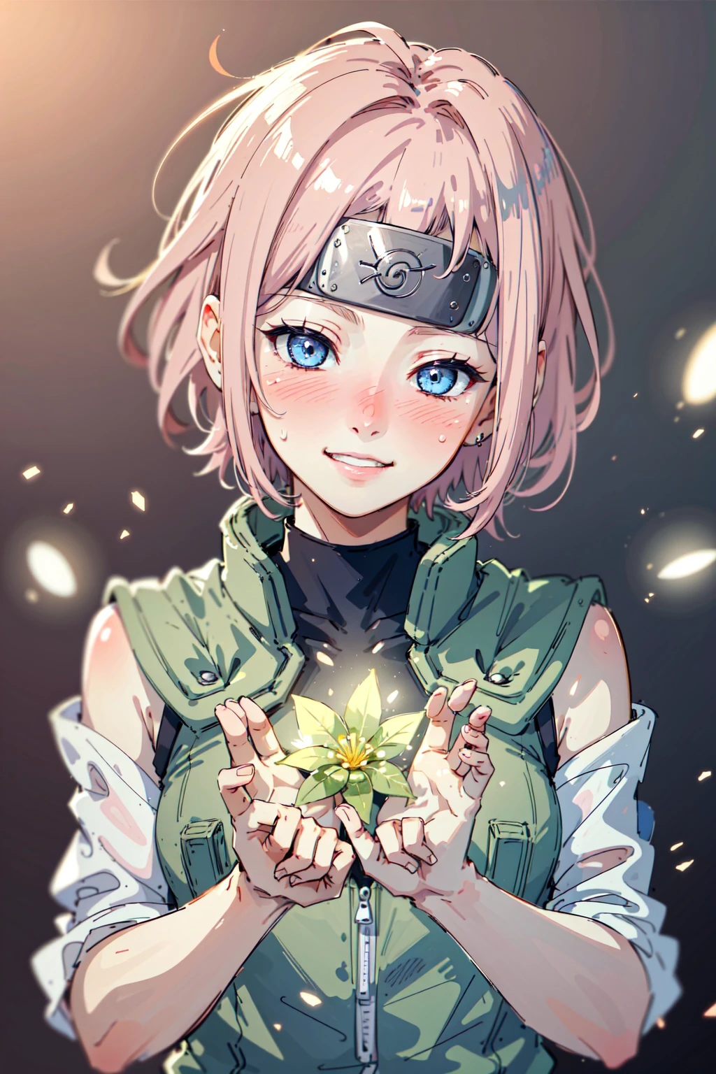 (masterpiece, best quality,high resolution:1.2), girl, detailed joninvest, forehead protector,light particles, white messy short hair, blue detailed eyes, half closed eyes, blushing, tilted head, slight smile, enjoying,bioluminescence,<lora:PotatoTweaker_V2_USE_NEGATIVE:-2>,(pink glow:1.1), <lora:attire_narutovest-11:0.9>,