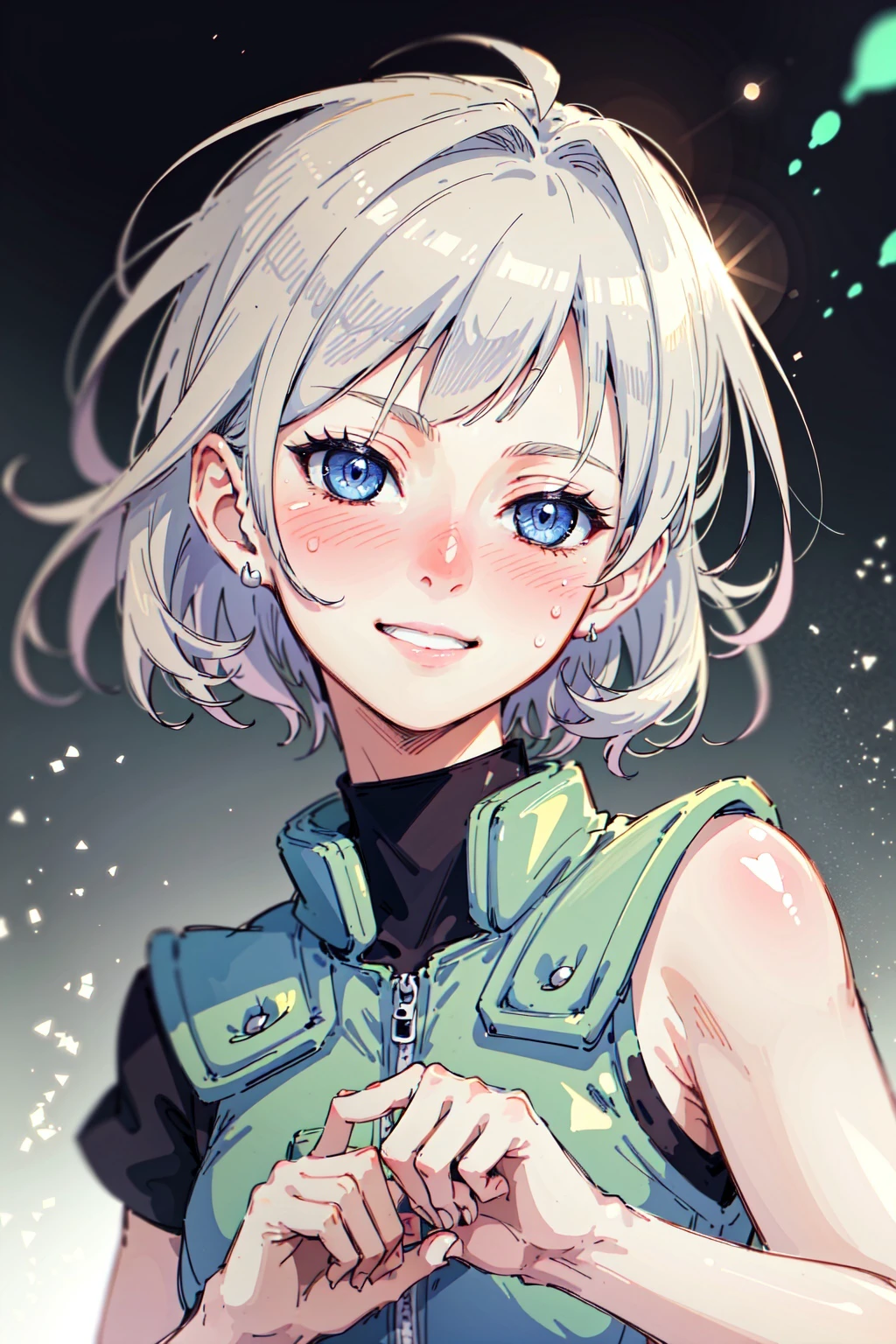 (masterpiece, best quality,high resolution:1.2), girl, detailed joninvest, forehead protector,light particles, white messy short hair, blue detailed eyes, half closed eyes, blushing, tilted head, slight smile, enjoying,bioluminescence,<lora:PotatoTweaker_V2_USE_NEGATIVE:-2>,(pink glow:1.1), <lora:attire_narutovest-11:0.9>,
