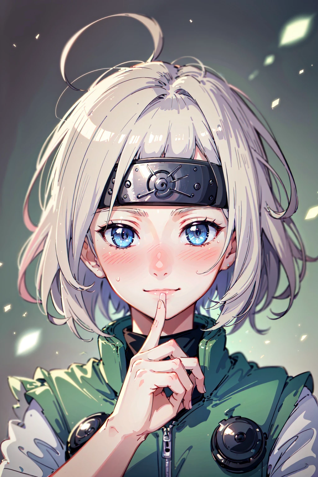 (masterpiece, best quality,high resolution:1.2), girl, detailed joninvest, forehead protector,light particles, white messy short hair, blue detailed eyes, half closed eyes, blushing, tilted head, slight smile, enjoying,bioluminescence,<lora:PotatoTweaker_V2_USE_NEGATIVE:-2>,(pink glow:1.1), <lora:attire_narutovest-11:0.9>,