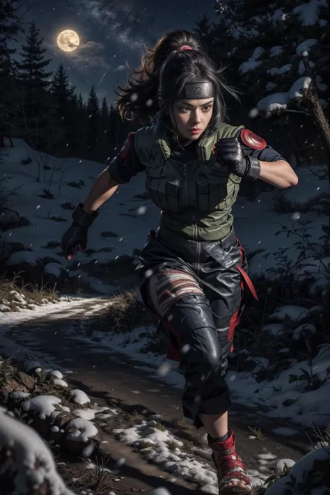 (masterpiece, best quality:1.2) female,fighter, wearing joninvest, black undercut, blackhair, blue eyes, forehead protector, fingerless gloves, martial arts, blue cargo trousers, BREAK Running through a snowy covered forrest at night time (Bright stars in the sky) <lora:attire_narutovest:1.0>,   <lora:LowRA:0.5>, <lora:more_details:0.4>,