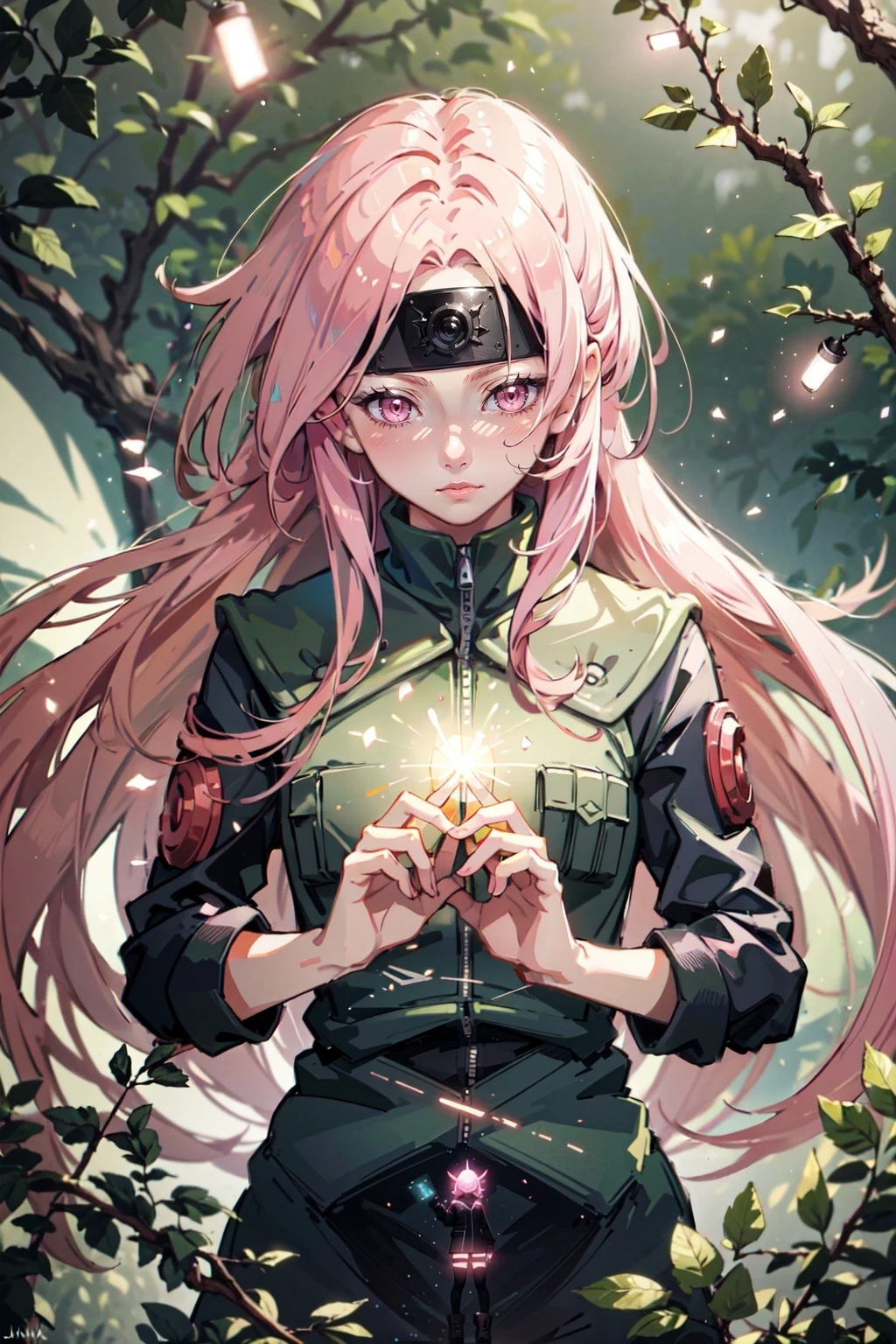 (masterpiece, best quality,high resolution:1.2), girl,demon, detailed joninvest, forehead protector,light particles,bioluminescence,<lora:PotatoTweaker_V2_USE_NEGATIVE:-2>,(pink glow:1.2), <lora:attire_narutovest-11:0.75>, standing on branch, tree, looking down,
