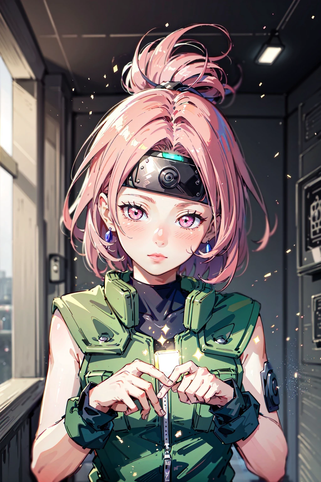 (masterpiece, best quality,high resolution:1.2), girl, detailed joninvest, forehead protector,light particles,bioluminescence,<lora:PotatoTweaker_V2_USE_NEGATIVE:-2>,(pink glow:1.1), <lora:attire_narutovest-11:0.9>,