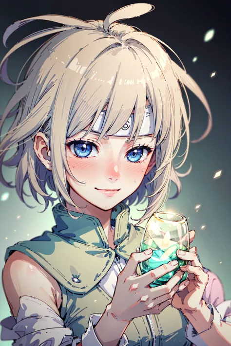 (masterpiece, best quality,high resolution:1.2), girl, detailed joninvest, forehead protector,light particles, white messy short hair, blue detailed eyes, half closed eyes, blushing, tilted head, slight smile, enjoying,bioluminescence,<lora:PotatoTweaker_V2_USE_NEGATIVE:-2>,(pink glow:1.1), <lora:attire_narutovest-11:0.9>,
