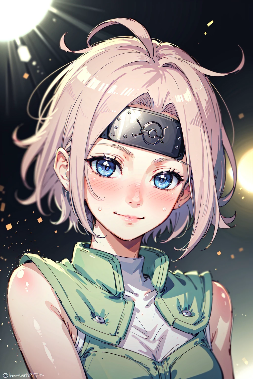 (masterpiece, best quality,high resolution:1.2), girl, detailed joninvest, forehead protector,light particles, white messy short hair, blue detailed eyes, half closed eyes, blushing, tilted head, slight smile, enjoying,bioluminescence,<lora:PotatoTweaker_V2_USE_NEGATIVE:-2>,(pink glow:1.1), <lora:attire_narutovest-11:0.9>,