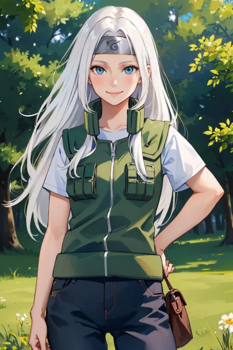 (masterpiece, best quality:1.2), cowboy shot, solo, 1girl, smile, looking at viewer, hand on hip, long hair, white hair, forehead protector, blue eyes, joninvest, green vest <lora:attire_narutovest:1.0>