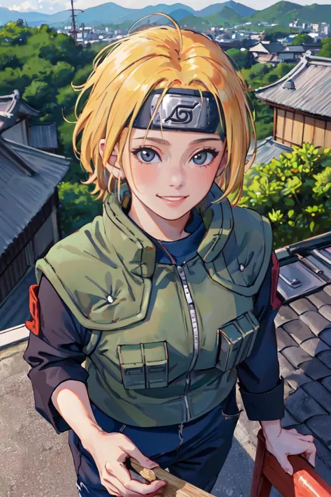 <lora:attire_narutovest:1>joninvest,forehead protector,rooftop, from above, japanese village, naruto, nature, large breasts,
(best quality, masterpiece, RAW photo,ultra-detailed:1.2), <lyco:GoodHands-beta2:1.0>,1girl,solo,looking at viewer,smile