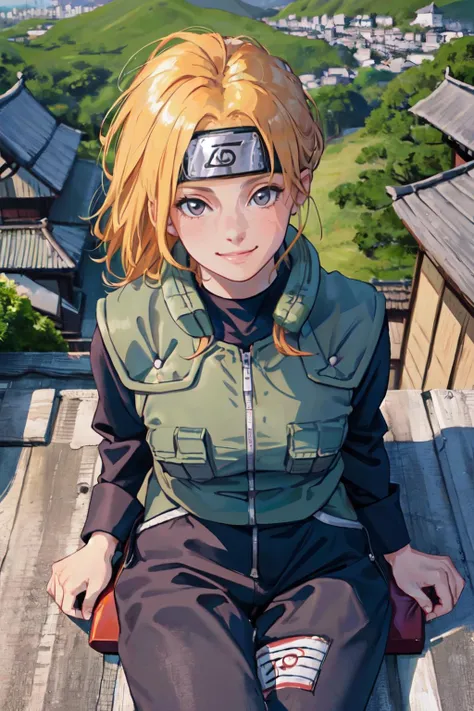 <lora:attire_narutovest:1>joninvest,forehead protector,rooftop, from above, japanese village, naruto, nature, large breasts, sitting,
(best quality, masterpiece, RAW photo,ultra-detailed:1.2), <lyco:GoodHands-beta2:1.0>,1girl,solo,looking at viewer,smile