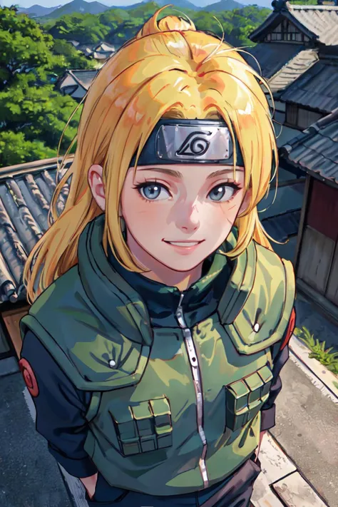 <lora:attire_narutovest:1>joninvest,forehead protector,rooftop, from above, japanese village, naruto, nature, 
(best quality, masterpiece, RAW photo,ultra-detailed:1.2), <lyco:GoodHands-beta2:1.0>,1girl,solo,looking at viewer,smile