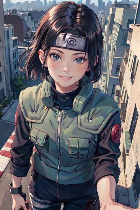 <lora:attire_narutovest:1>joninvest,forehead protector,rooftop, from above,
(best quality, masterpiece, RAW photo,ultra-detailed:1.2), <lyco:GoodHands-beta2:1.0>,1girl,solo,looking at viewer,smile