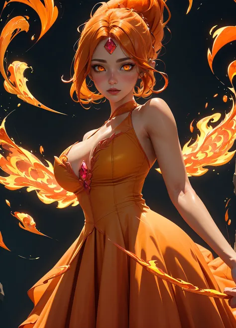 ((masterpiece)), (best quality), official art, extremely detailed CG, unity 8k wallpaper, ultra detailed, highly detailed, detailed background, vivid color, photorealistic, perfect lighting, best illumination, 32k,
(FlamePrincess:1.2), (orange skin, orange eyes, yellow sclera, gem, flame hair:1.5), (PrincessOutfit, orange ballgown:1.5), (full-body-shot:1), (massive breasts:1.3)
forest background, neon lighting, dark romantic lighting, gradients, dynamic pose,
<lora:FlamePrincessAdventureTime-10:0.65> , prettify, OverallDetail, prettyeyes, SkinDetail, fFaceDetail