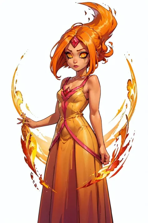 (FlamePrincess:1.2), (orange skin, orange eyes, yellow sclera, gem, flame hair:1.5), (PrincessOutfit, orange ballgown:1.5), (white background:2), (realistic:1.2), (masterpiece:1.2), (full-body-shot:1),(Cowboy-shot:1.2), neon lighting, dark romantic lighting, (highly detailed:1.2),(detailed face:1.2), (gradients), colorful, detailed eyes, (detailed landscape:1.2), (natural lighting:1.2), (cute pose:1.2), (solo, one person, 1girl:1.5), standing, <lora:FlamePrincessAdventureTime-10:0.8> <lyco:coloredSkin-08:0.4>