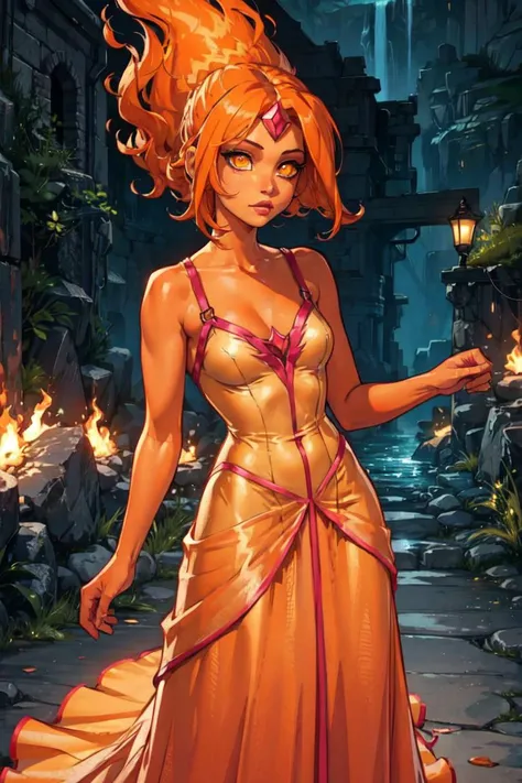 (FlamePrincess:1.2), (orange skin, orange eyes:1.5), yellow sclera, gem, (flame hair, short hair),(PrincessOutfit, ballgown:1.2), (realistic:1.2), (masterpiece:1.2), (full-body-shot:1),(Cowboy-shot:1.2), neon lighting, dark romantic lighting, (highly detailed:1.2),(detailed face:1.2), (gradients), colorful, detailed eyes, (detailed landscape:1.2), (natural lighting:1.2), (cute pose:1.2), (solo, one person, 1girl:1.5), standing, <lora:FlamePrincessAdventureTime-10:0.8> <lyco:coloredSkin-08:0.4>