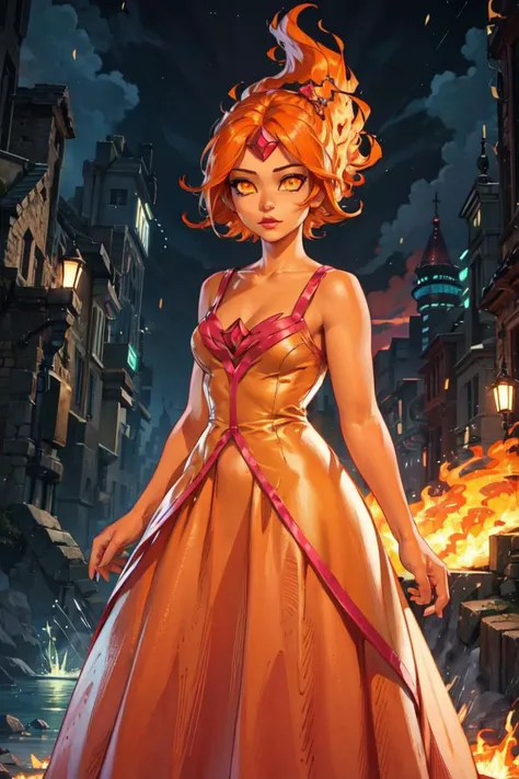 (FlamePrincess:1.2), (orange skin, orange eyes:1.5), yellow sclera, gem, (flame hair, short hair),(PrincessOutfit, ballgown:1.2), (realistic:1.2), (masterpiece:1.2), (full-body-shot:1),(Cowboy-shot:1.2), neon lighting, dark romantic lighting, (highly detailed:1.2),(detailed face:1.2), (gradients), colorful, detailed eyes, (detailed landscape:1.2), (natural lighting:1.2), (cute pose:1.2), (solo, one person, 1girl:1.5), standing, <lora:FlamePrincessAdventureTime-10:0.8>   <lyco:coloredSkin-08:0.4>