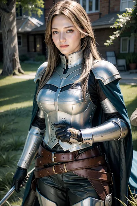 (realistic:1.3), finely detailed, quality, rembrandt lighting, (masterpiece:1.2), (photorealistic:1.2), (best quality), (detailed skin:1.3), (intricate details), dramatic, ray tracing, 1girl, german girl, 21 years old, detailed skin texture, (blush:0.5), (goosebumps:0.5), subsurface scattering, smiling, medium breasts, katalina (granblue fantasy), long blonde hair, armor, gauntlets, belt, breastplate, shoulder armor, cape, pauldrons, (pants:1.1), cowboy shot, (bright sunny day, outdoors, sky, castle in the distance, grass plains, forest in the distance), <lora:katalina_(granblue_fantasy):0.7>