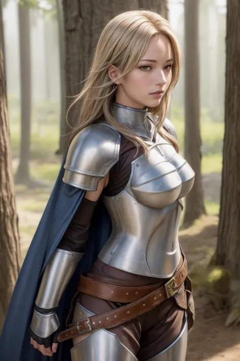 masterpiece, best quality, highly detailed, ultra high res, (photorealistic:1.8), unreal_engine, photograph, realistic_skin_texture, <lora:katalina_v1:0.6>, katalina (granblue fantasy), 1girl, armor, gauntlets, belt, breastplate, shoulder armor, cape, pauldrons, pants, boots, from side, forest, <lora:flat2:-1>