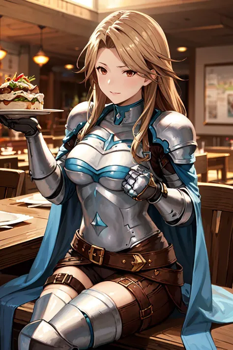 masterpiece, best quality, highres, katalina (granblue fantasy), armor, gauntlets, belt, breastplate, shoulder armor, cape, pauldrons, pants, <lora:katalina_v1:0.6>, restaurant, sitting,