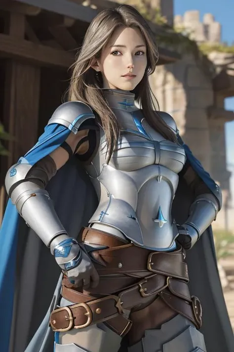 realistic, masterpiece, best quality, <lora:Chara_katalina_v1:1>,katalina (granblue fantasy), armor, gauntlets, belt, breastplate, shoulder armor, cape, pauldrons, pants