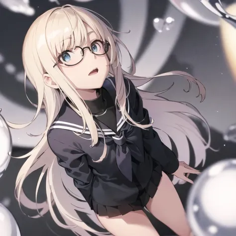 vvi\(artstyle\), 1girl, glasses, solo, black dress,round eyewear,open mouth, neckerchief, pleated skirt, black shirt, shirt, black sailor collar, long sleeves, blurry, bangs, looking up,<lora:Vivid_Impactful_Style_1-0:0.6>, <lora:reinesElMelloiArchisorte_v20:1>,reines(normal)