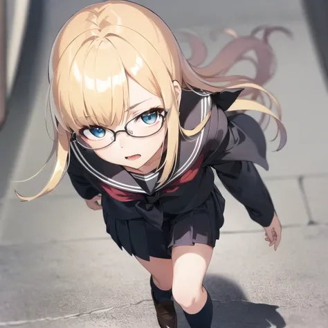 vvi\(artstyle\), 1girl, glasses, solo, school uniform, serafuku, looking at viewer, black skirt, holding, skirt, sailor collar, socks, black serafuku, round eyewear,open mouth, neckerchief, pleated skirt, black shirt, shirt, black sailor collar, long sleeves, blurry, bangs, looking up,<lora:Vivid_Impactful_Style_1-0:0.5>, <lora:reinesElMelloiArchisorte_v20:1>,reines(normal)