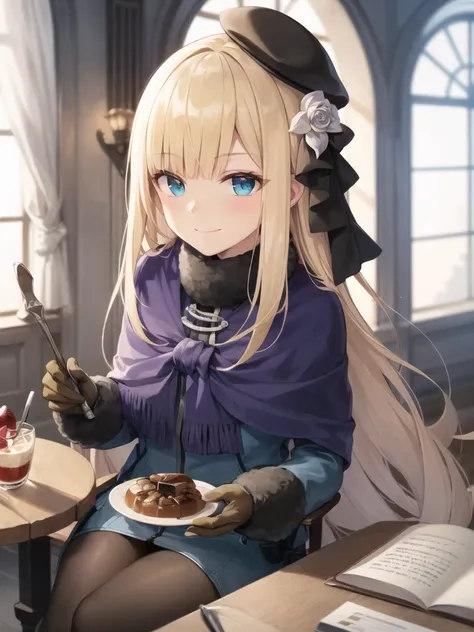 1girl, solo, masterpiece, best quality,  <lora:reines_v2:0.8>, reines\(normal\), hat, gloves, smile, brown gloves, backlighting, looking at viewer, flower, black headwear, long sleeves, beret, closed mouth, fur collar, scarf, window, coat, fur trim, ribbon, hair flower, jacket, fur-trimmed sleeves, blue jacket, blue coat, black pantyhose, indoors, bookshelf, table, chair, sitting, holding cup, dessert on table