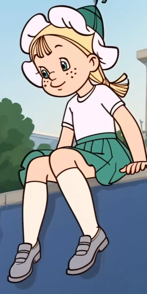 (((Ultra-HD-details, Ultra-HD-highlights, on-par-photo-realistic, upscaled-resolution, optimal, on-par-reallife, perfect-composition))) <lora:Romashka__Dunno_on_the_Moon:1> romashka, romashka-hat, 1girl, blonde, ponytail, blue-pupils-black-iris, freckles, white-t-shirt, green-mini-skirt, white-socks, grey-shoes, outdoors, female-child