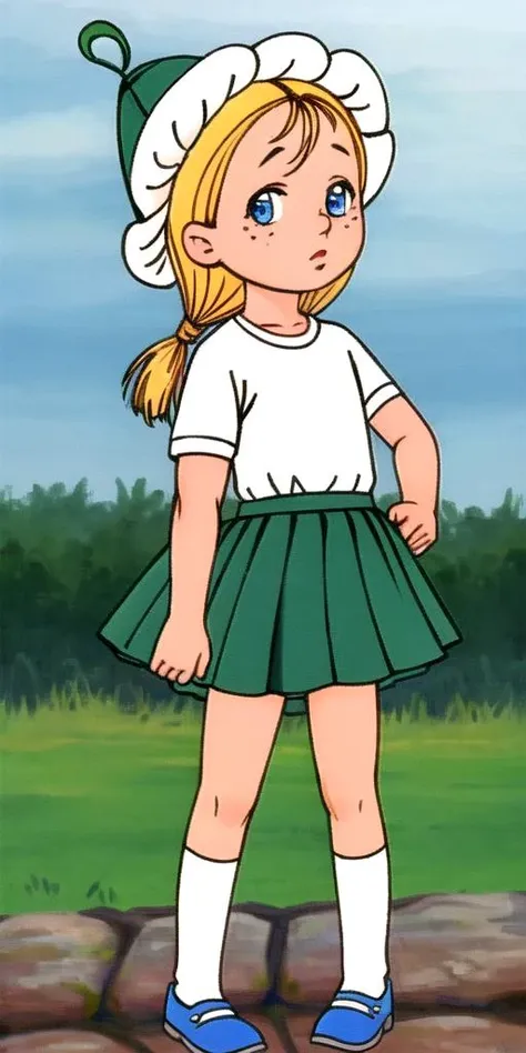 (((Ultra-HD-details, Ultra-HD-highlights, on-par-photo-realistic, upscaled-resolution, optimal, on-par-reallife)))   <lora:romashka:.65> romashka, 1girl, solo, skirt, shirt, green-white-pointy-hat, blonde-hair, green-skirt, short-sleeves, white-shirt, socks, pleated-skirt, shoes, freckles, blue-eyes, black-iris, long-hair, child, female-child, small-lips, shiny-eyes, petite-appearance, outdoors