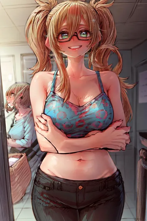 ((best quality)), ((highly detailed)), detailed face, beautiful face, , <lora:more_details:.6>, (1girl), (glasses), from below, worm's-eye view, hug, (2girls, yuri), <lora:hairdetailer:.9>, <lora:kendou_itsuka:1>, kendou itsuka, orange hair, long hair, side ponytail, green eyes, medium breasts, smiling, lowleg pants, (inside, in a stairway), <lora:zyugoya:1.2>, zyugoya