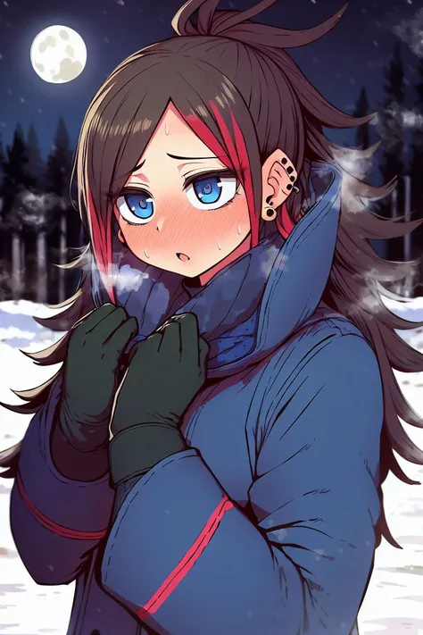 masterpiece, <lora:zyugoya-60:1>
zyugoya, 1girl,(red hair), earrings, ear piercing, messy hair, long hair, wavy hair, blush, nose blush, steam, blue eyes, puffy sleeves, gloves, black coat, winter clothes, snow, night, moon, detailed shadows, forest,