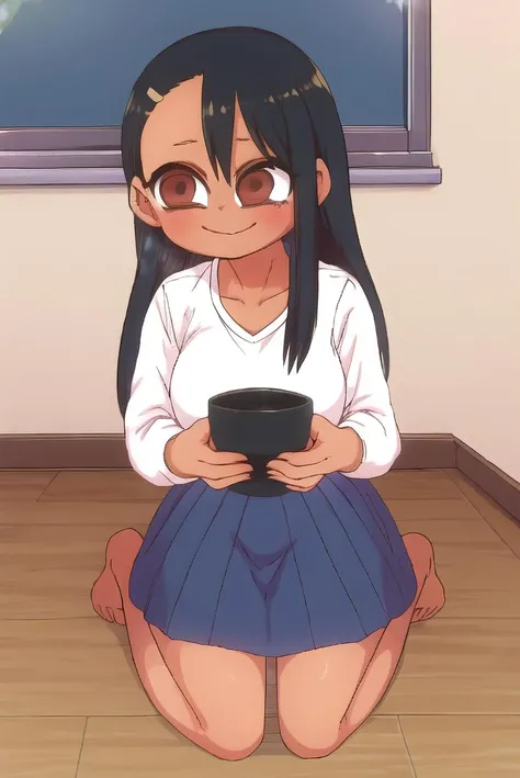 human, ((feminine)), 1girl best quality, <lora:Nagatoro_V3:1> nagatoro hayase, black hair, long hair, dark skin, dark-skinned female, brown eyes, tan, kneeling, <lora:zyugoya:1> zyugoya, smile