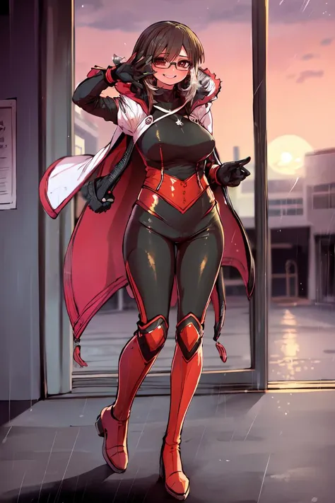 ((best quality)), ((highly detailed)), masterpiece, extremely detailed face, beautiful face, , <lora:more_details:.2>, (1girl), (glasses), dynamic pose, full body, superhero, spandex bodysuit, skin tight clothes, long cape, gloves, knee boots, (flying), smile, (outside, <lora:school_outdoors_v0.2:1>, at a school, building, gate, fence, sunset, raining), <lora:zyugoya:1>, zyugoya