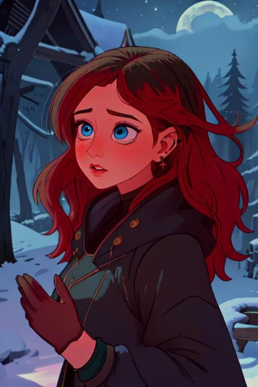 masterpiece, <lora:zyugoya-60:1> zyugoya, 1girl,(red hair), earrings, ear piercing, messy hair, long hair, wavy hair, blush, nose blush, steam, blue eyes, puffy sleeves, gloves, black coat, winter clothes, snow, night, moon, detailed shadows, forest,