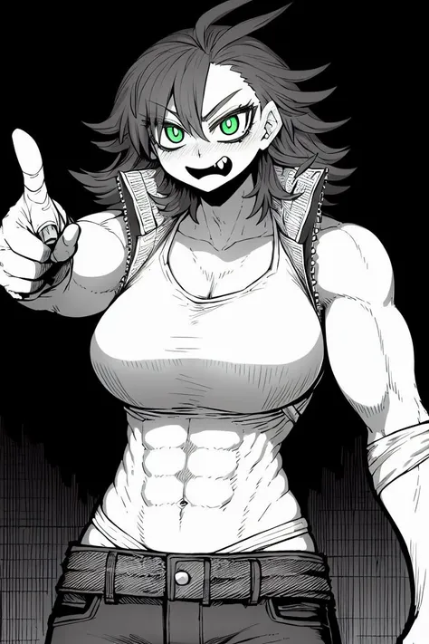 masterpiece, <lora:zyugoya-60:1>
zyugoya, 1girl, solo, monochrome, spot color, green eyes, glowing eyes, white background, jacket, jeans, pointing at viewer, medium hair, messy hair, fang, muscular, muscular female, bandages, tank top, motion lines