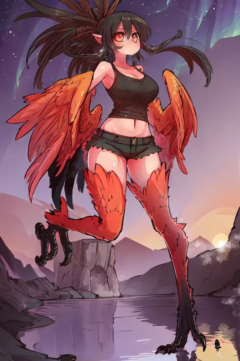 ((best quality)), ((highly detailed)), , (1girl), mirror, reflection, dynamic pose, full body, <lora:hairdetailer:.8>, <lora:aiomonstergirls_loraLocon:.4>, <lora:animeHarpy_v10:1>, (harpy), red feathers, orange eyes, winged arms, (wings instead of hands), neck fur, bird legs, talons, medium breasts, tank top, midriff, shorts, (outside, on a glacier, aurora, sunset), <lora:zyugoya:1.1>, zyugoya