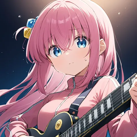 breathtaking,gotoh_hitori,1girl, solo, track_jacket, holding_instrument, pink_jacket, cube_hair_ornament, gibson_les_paul, one_side_up, playing_instrument, sweat, ?, looking_at_viewer, simple_background, long_sleeves, upper_body
 <lora:bocchi_iamge6193_2023-11-22:1> . gorgeous,key visual, vibrant, studio anime,award-winning, professional, highly detailed,high budget, cinemascope