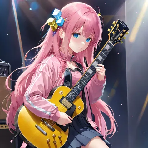 high definition,best quality,((masterpiece)),perfect anatomy,1girl,solo,sitting on bed,playing guitar,(sweat:1.1),(black hair:1.2&pink hair:0.9),long hair,(dress shirt:1.1),(light green plaid pleated skirt:1.2),(pink guitar|acoustic guitar:1.1),(mole under eye:0.95),(light pink halo:1.3),(pink eyes:1.2),(crossed legs:1.05),huge breasts,silver key necklace,:),cool girl,in bedroom,bed,complex background,