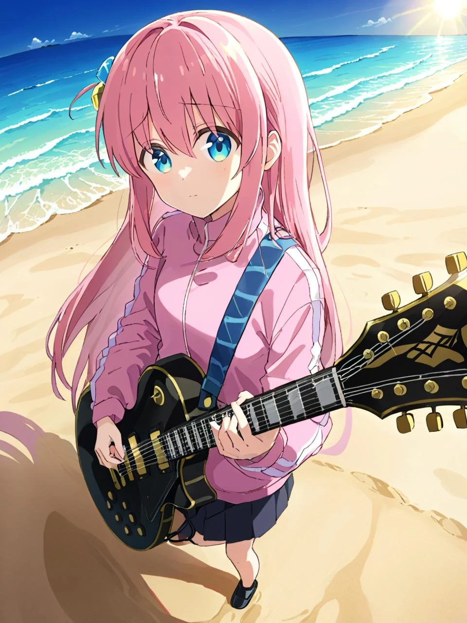 breathtaking,1girl,bocchi,solo,holding guitar, portrait, pink hair,blue eyes,long hair,hair ornament, pink jacket,guitar, ahoge, sand beach,sunlight,cloud sky,tree, black miniskirt, looking at viewer,from above,
<lora:bocchi_lora_norm-000045:1> ,
. gorgeous,key visual, vibrant, studio anime,award-winning, professional, highly detailed,high budget, cinemascope