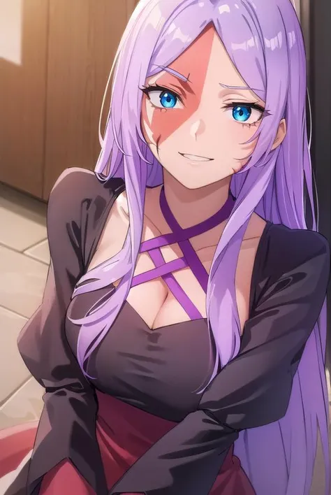 angurea, <lora:angurea s2-lora-nochekaiser:1>,
angurea, long hair, very long hair, purple hair, blue eyes, (scar:1.5), (parted bangs:1.5), smile, grin,
BREAK gloves, dress, cleavage, black gloves, red dress, long sleeves, puffy sleeves,
BREAK indoors, classroom,
BREAK looking at viewer,
BREAK <lyco:GoodHands-beta2:1>, (masterpiece:1.2), best quality, high resolution, unity 8k wallpaper, (illustration:0.8), (beautiful detailed eyes:1.6), extremely detailed face, perfect lighting, extremely detailed CG, (perfect hands, perfect anatomy),